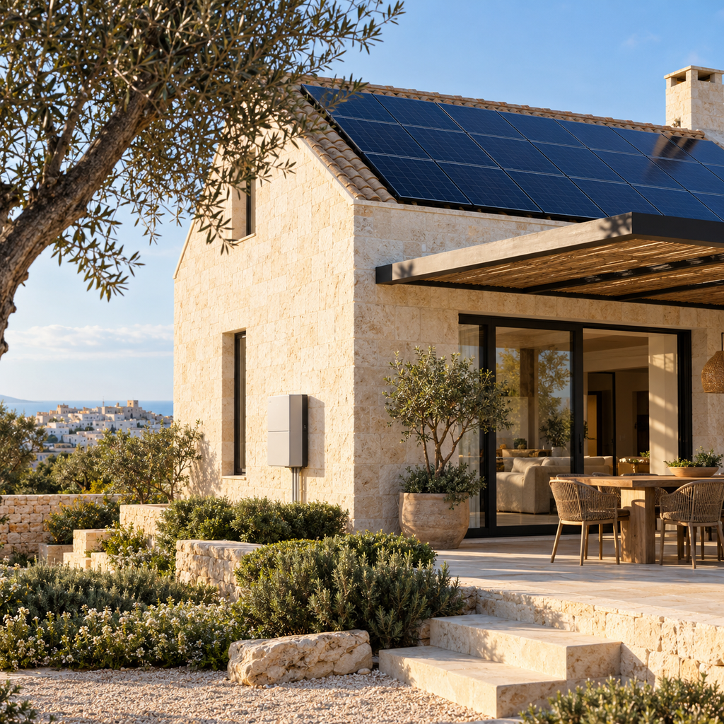 Ambientazione illustrativa di una casa pugliese con pannelli fotovoltaici e accumulo