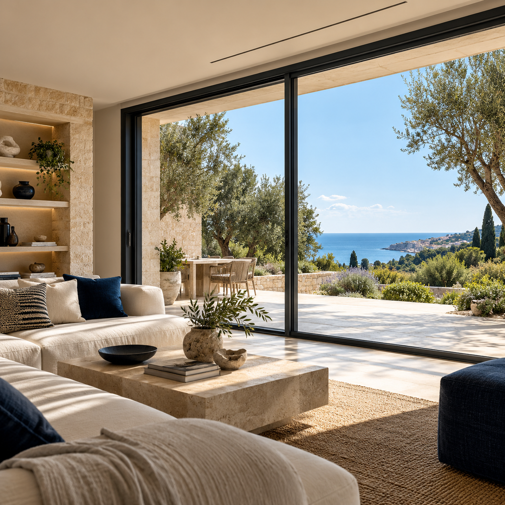 Ambientazione illustrativa di un living mediterraneo con grandi serramenti scorrevoli