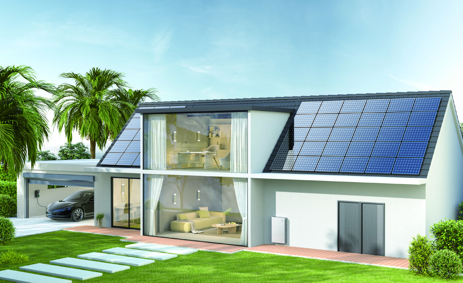 Scenografia ufficiale FoxESS: casa con pannelli fotovoltaici e sistema di accumulo