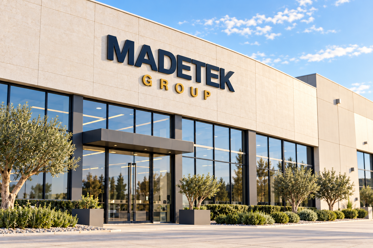 Capannone con insegna Madetek Group, ambientazione illustrativa senza persone