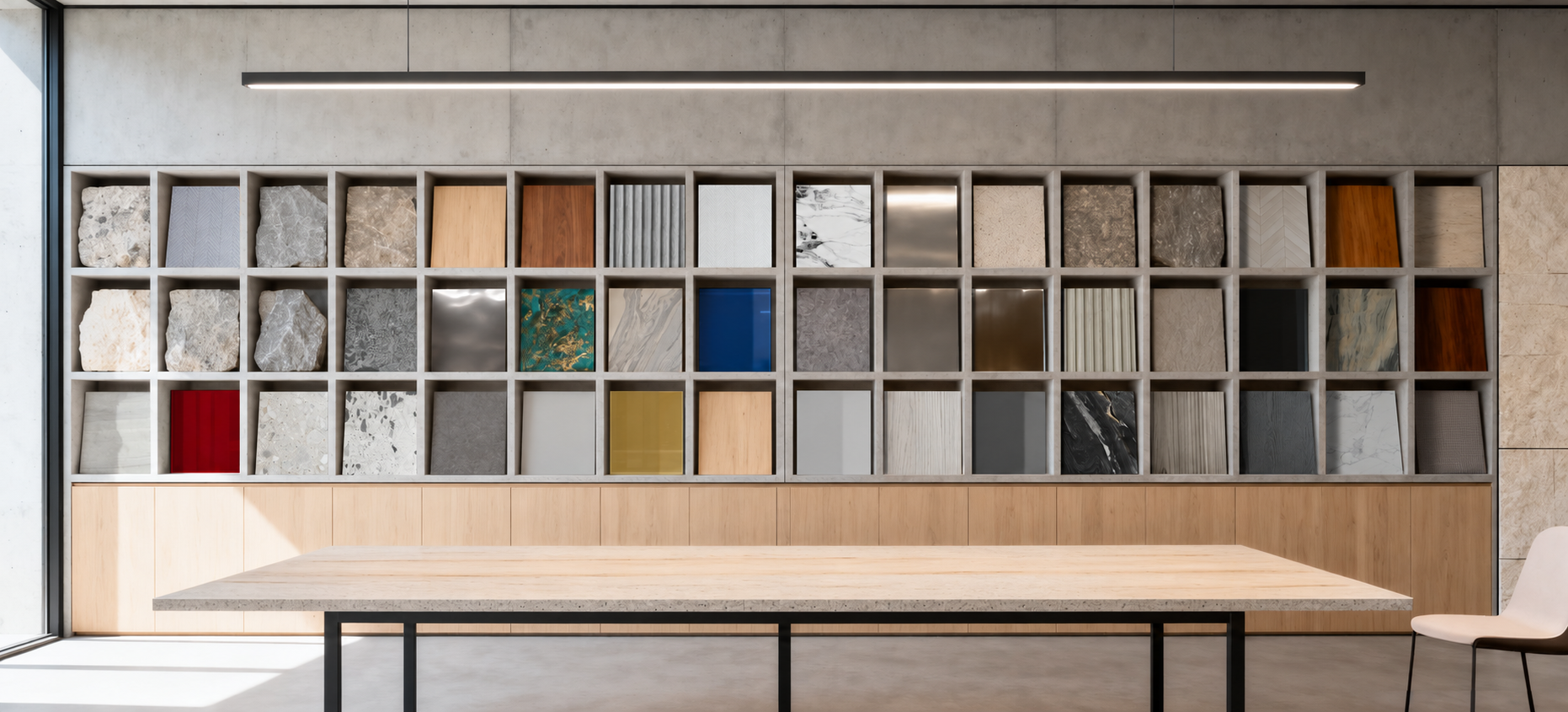 Material Lab: parete espositiva con campioni di pietre, legni, metalli e texture
